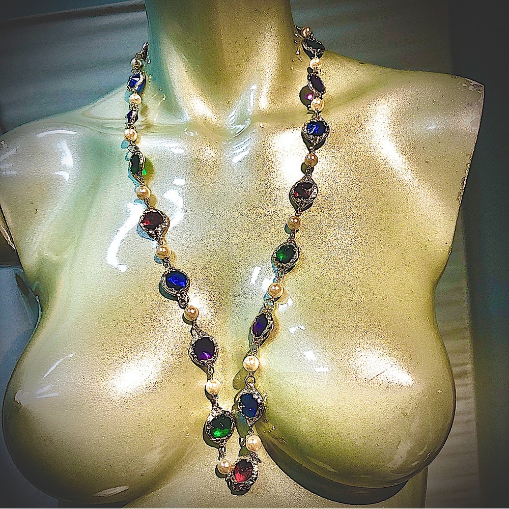 Chiclet Cast Bezel Set Gold Plated Faux Pearl & Crystal Sautoir Necklace NOS